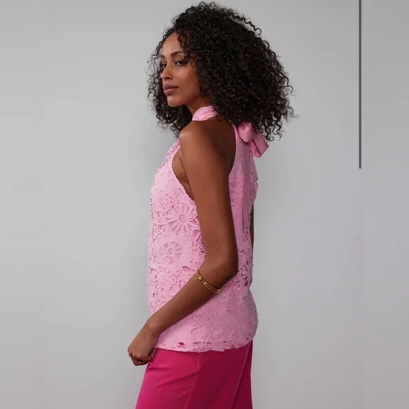 NY&Co Halter Neck Crochet Lace Bow Back Top - size large - NWT - Picture 3 of 12